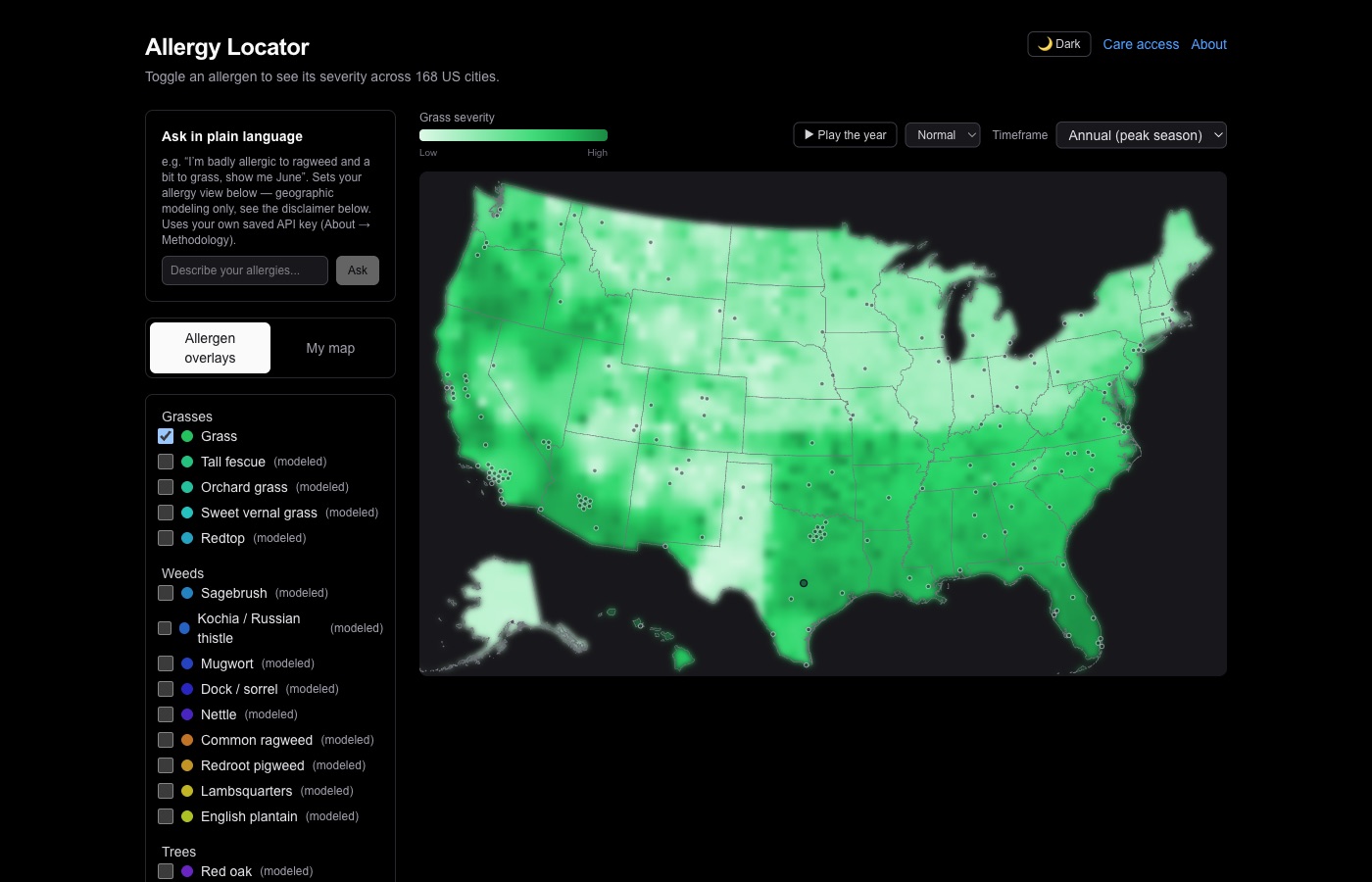 Allergy Locator showing the real, validated grass-severity gradient across the US -- worst in the Pacific Northwest and Gulf Coast, near-zero in the high-desert Southwest -- with the allergen checklist and playback controls.