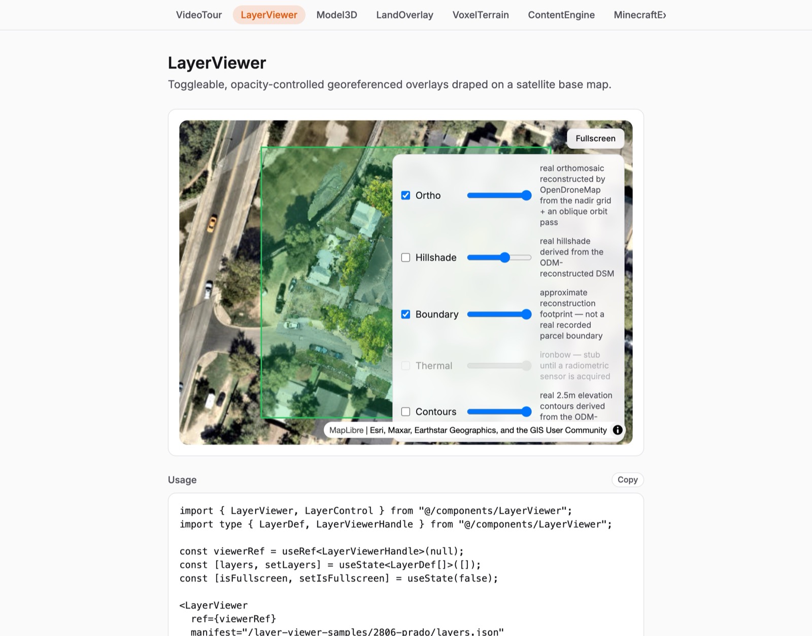 LayerViewer component showing a real drone orthomosaic draped over a satellite base map, with a layer control panel toggling hillshade, contours, and parcel boundary.