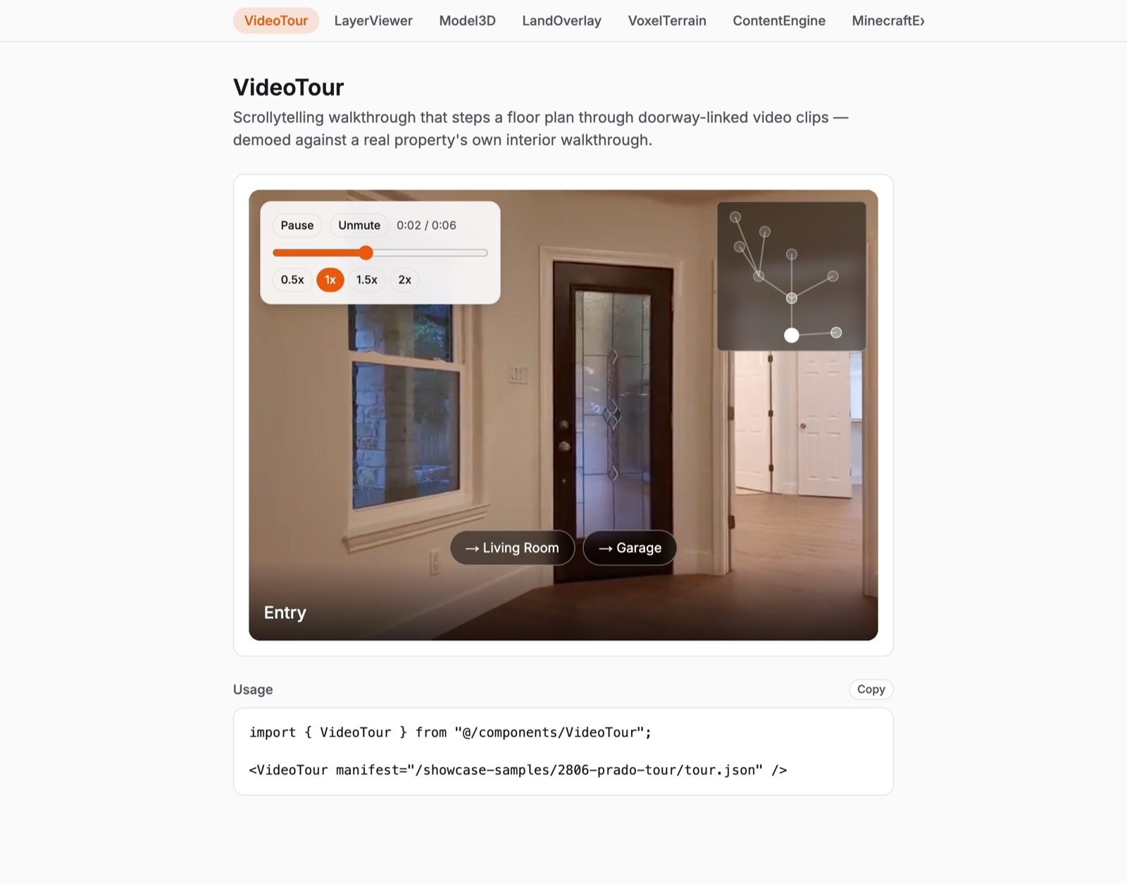 VideoTour component playing real interior walkthrough footage with a floor-plan minimap and playback controls.