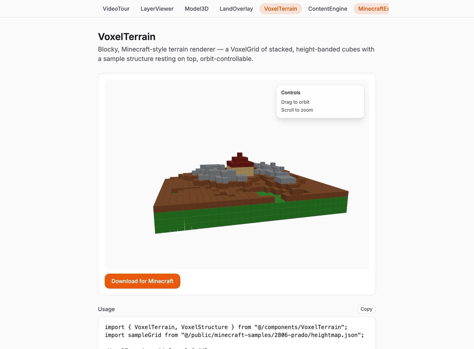 VoxelTerrain component rendering a blocky Minecraft-style terrain block derived from a real digital surface model, with a sample structure on top.