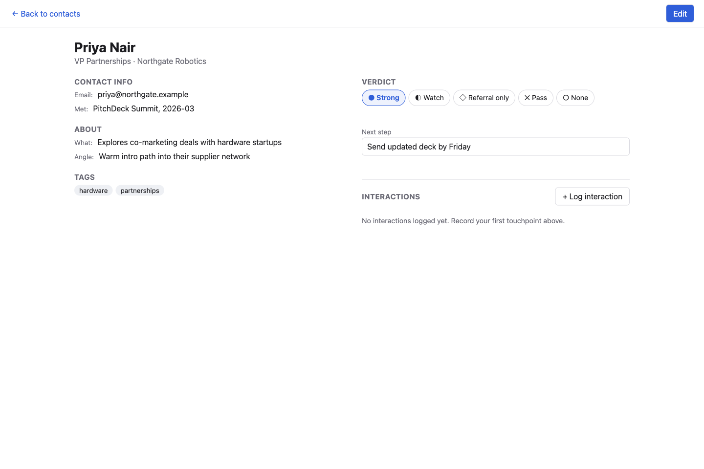 A contact detail screen showing organization, role, verdict, next step, tags, and interaction history